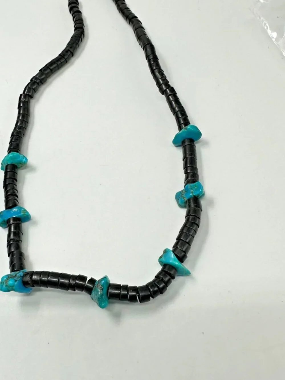 Vintage Turquoise Nugget Beaded Necklace Men Black Heishi Beads Barrel Clasp